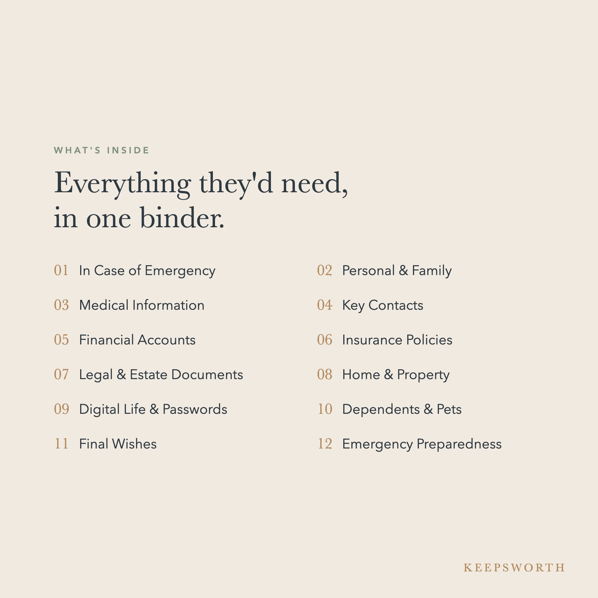Family Emergency & Legacy Binder — contents