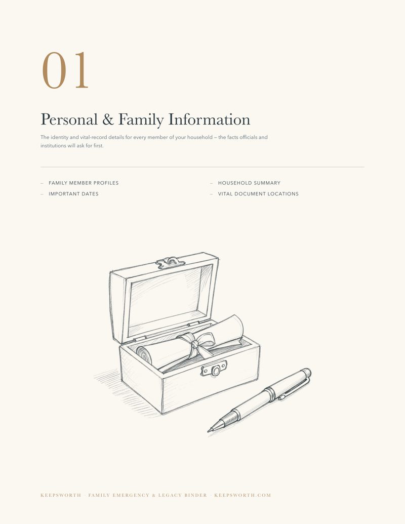 Section 01 divider page, Personal & Family Information, with a pencil-style illustration of a document box and pen