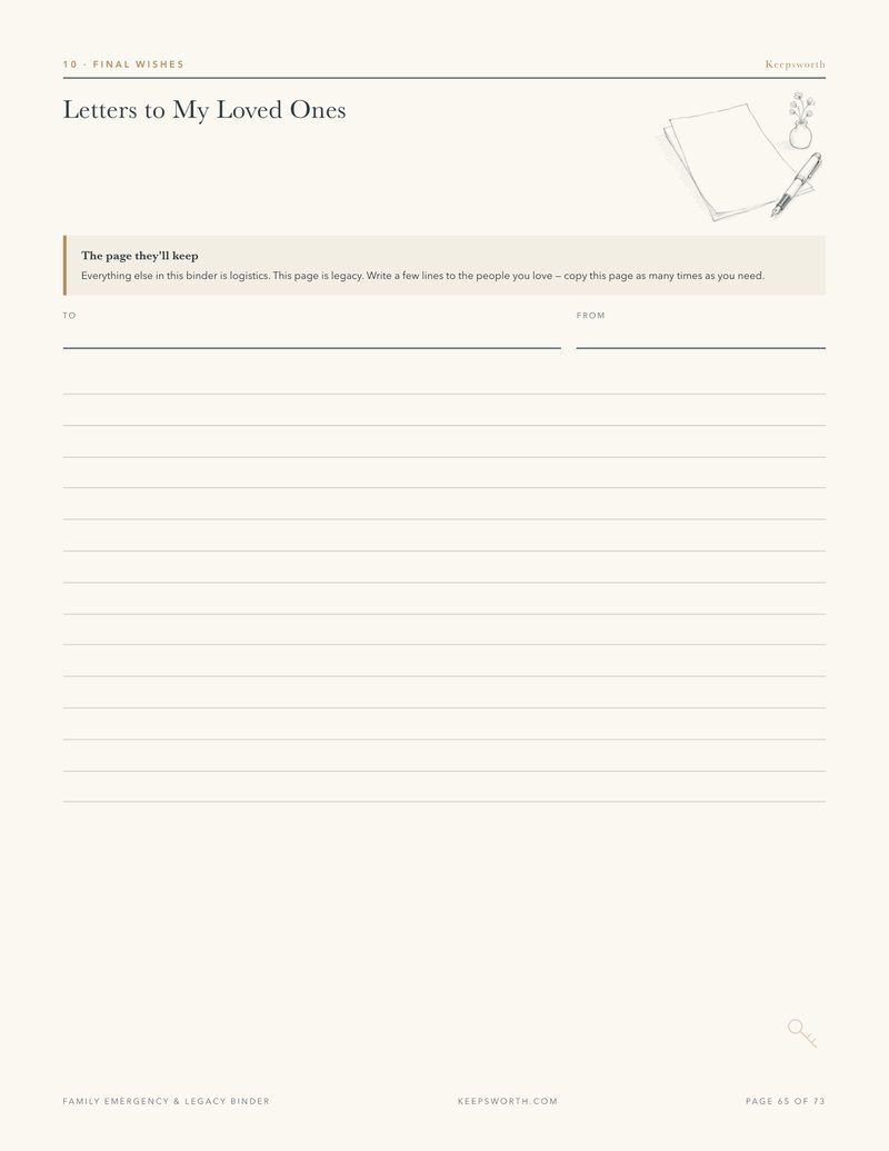 Letters to My Loved Ones, a writing page with a small illustration in the corner