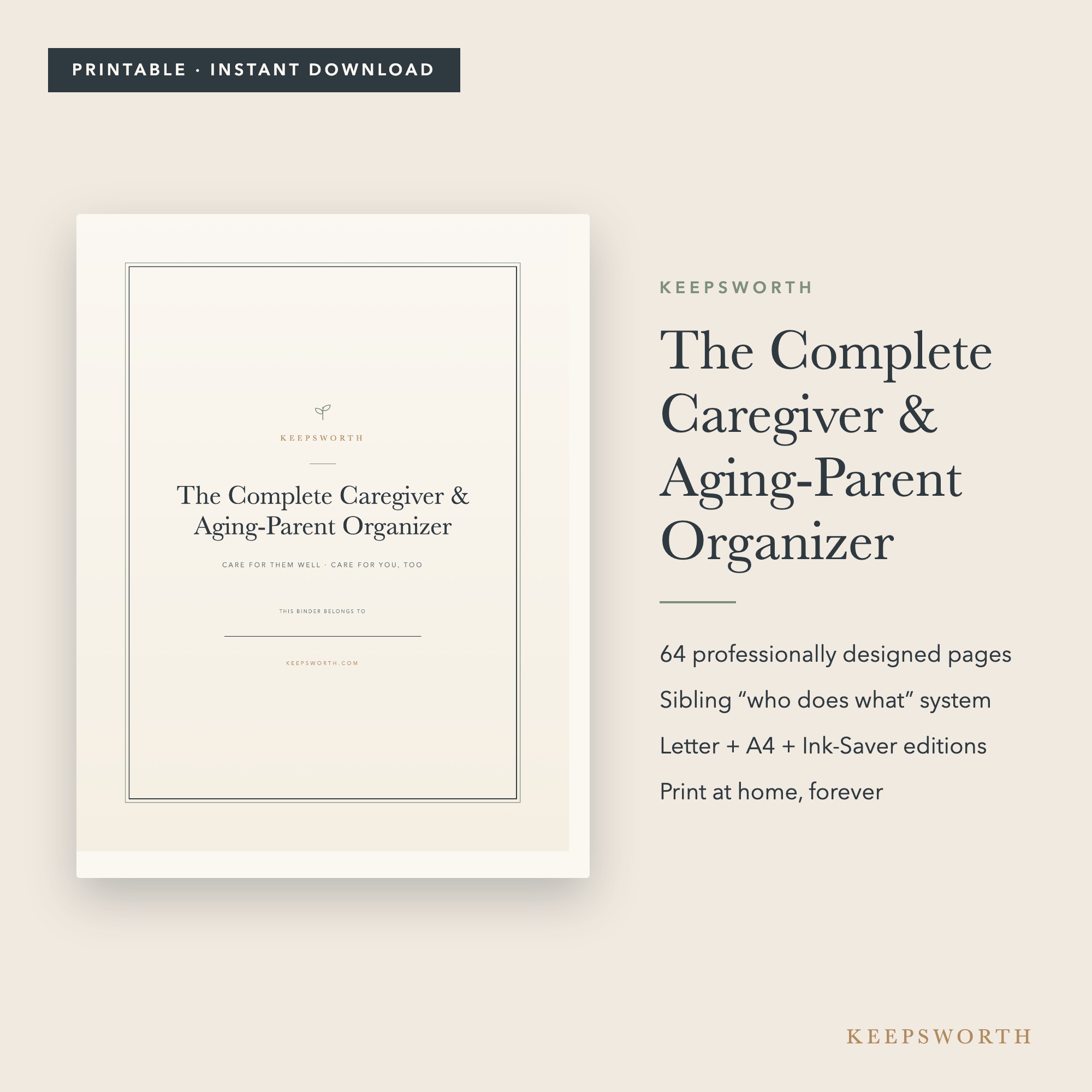 Caregiver & Aging-Parent Organizer — printed pages on cream linen