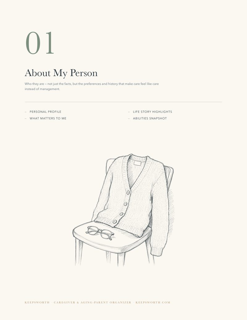 Section 01 divider page, About My Person, with a pencil-style illustration of an armchair and blanket