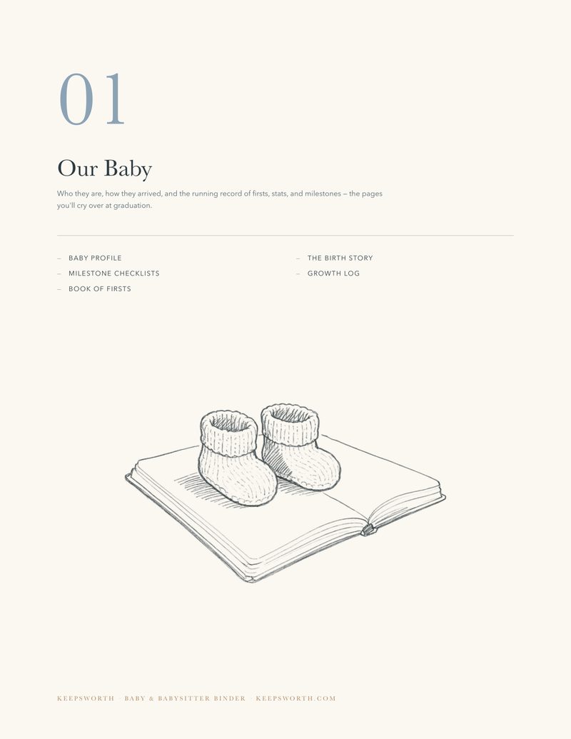 Section 01 divider page, Our Baby, with a pencil-style illustration of a nursery shelf and blanket