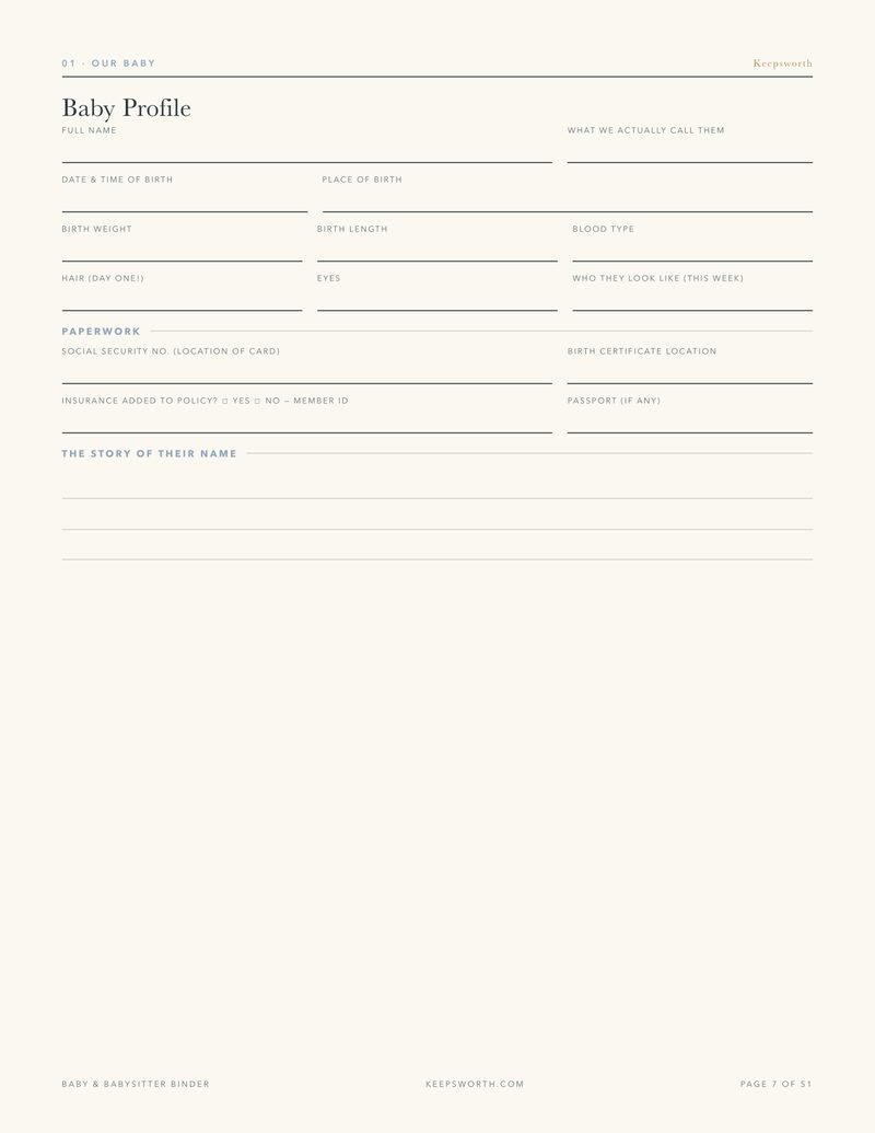 Form page: Baby Profile, a fill-in layout with labelled fields
