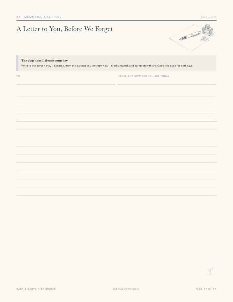 A Letter to You, Before We Forget, a writing page with a small illustration