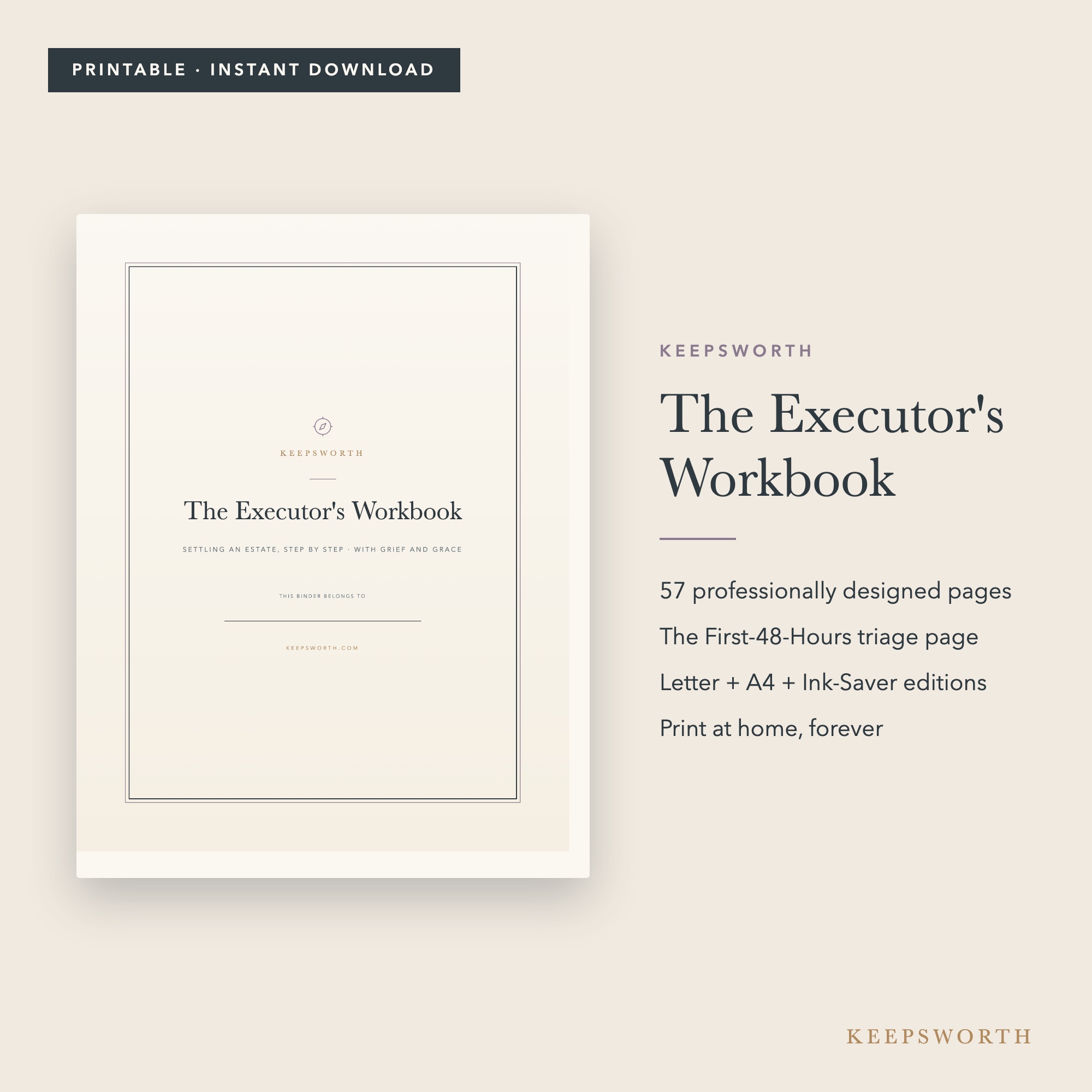 Executor’s Workbook — printed pages on cream linen