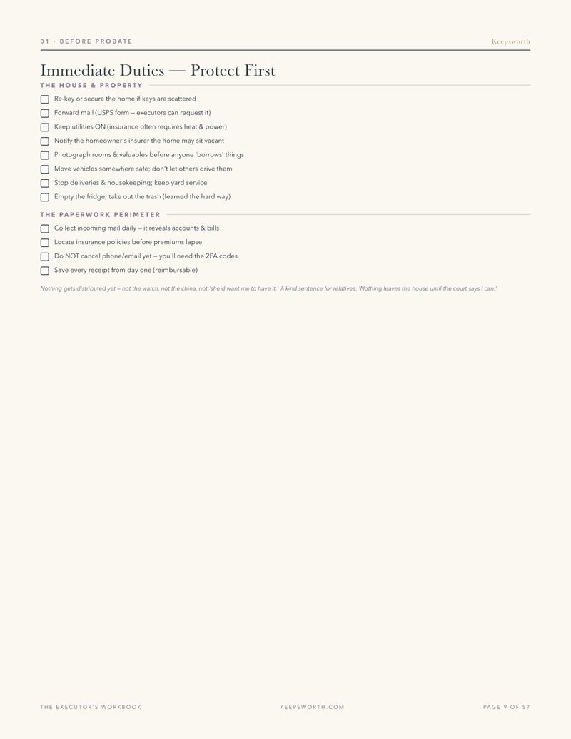 Form page: Immediate Duties, a fill-in checklist layout