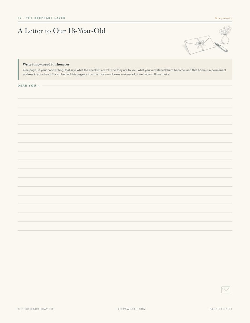 A Letter to Our 18-Year-Old, a writing page with a small illustration